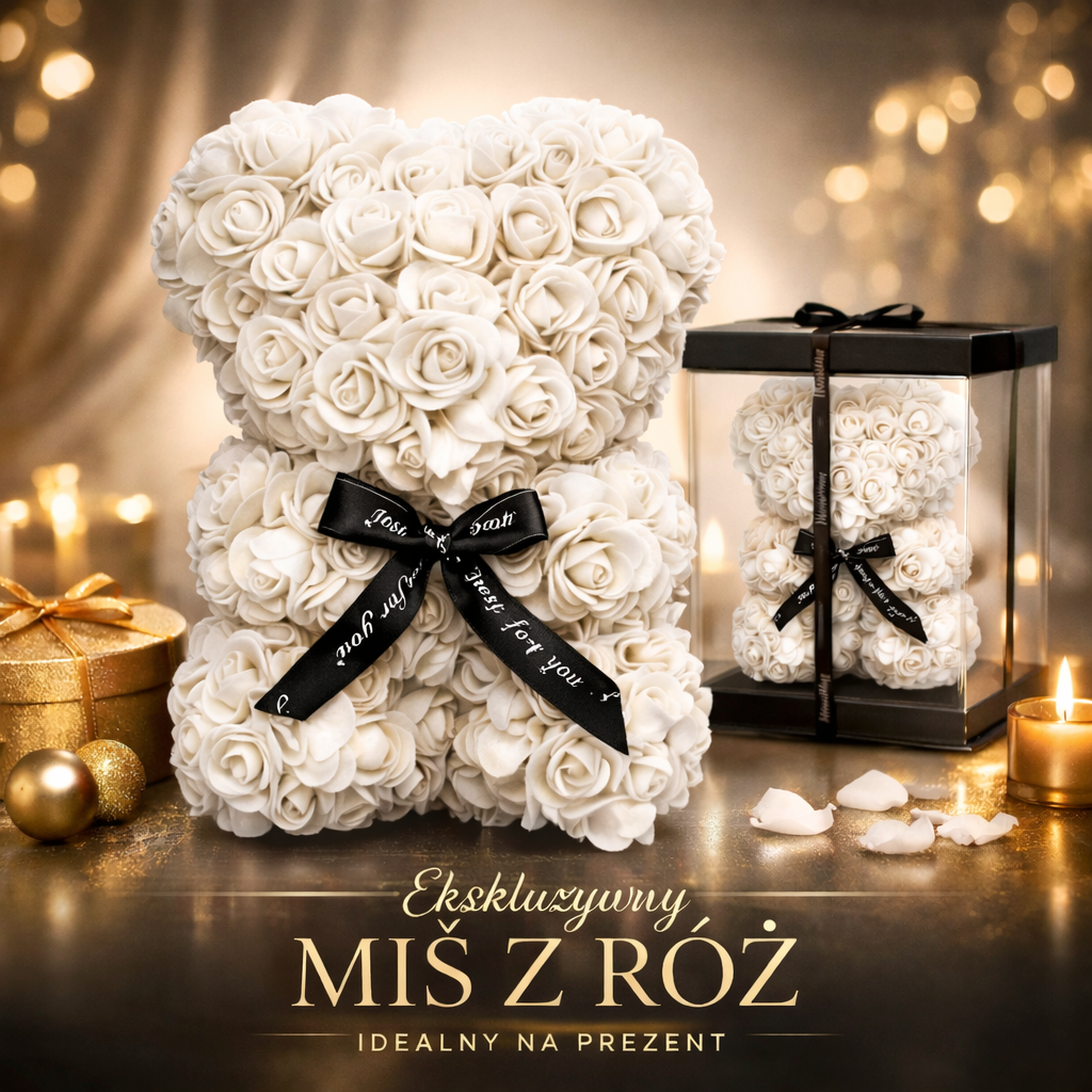 RÓŻANY MIŚ Z RÓŻ XXL 40CM PREZENT WALENTYNKI MISIEK